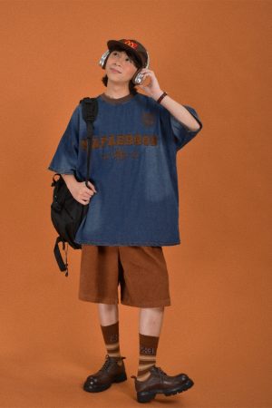 Distressed Vintage Denim Round Neck Loose Short Sleeve T-Shirt for Couples - Trendy Hip Hop Unisex Top