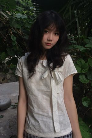 Doll Collar Short-Sleeve Shirt for Women, Miu-Style Bow Tie Waist-Cinching Slim-Fit Top, Summer Fashion Essential