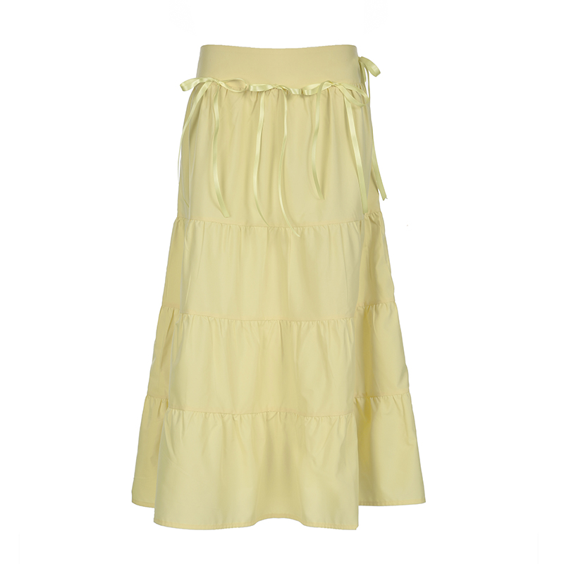 Dopamine Color Fresh Yellow A-Line Long Skirt for Girls with Butterfly Tie and Spliced Design - Y2K Inspired Fashion Dopamine Color Fresh Yellow A-Line Long Skirt for Girls with Butterfly Tie and Spliced Design - Y2K Inspired Fashion