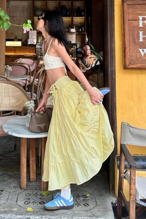 Dopamine Color Fresh Yellow A-Line Long Skirt for Girls with Butterfly Tie and Spliced Design - Y2K Inspired Fashion