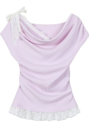 Dopamine Yellow Ruffled Short Sleeve T-Shirt for Women, Lace Trim Fake Two-Piece Top, Summer 90s Y2K Style