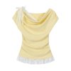 Dopamine Yellow Ruffled Short Sleeve T-Shirt for Women, Lace Trim Fake Two-Piece Top, Summer 90s Y2K Style