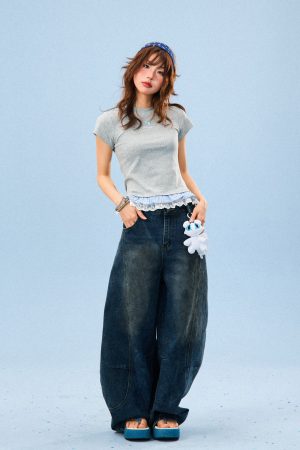 Double-Layered Spliced Short Sleeve T-Shirt for Women - American Style Sweet Girl Summer Slim Fit Top