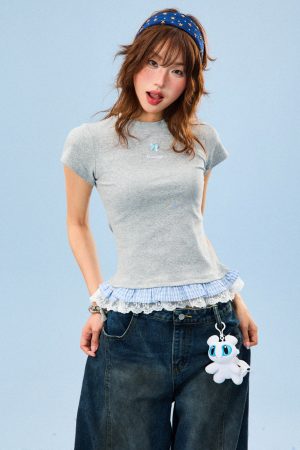 Double-Layered Spliced Short Sleeve T-Shirt for Women - American Style Sweet Girl Summer Slim Fit Top