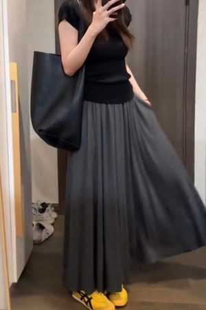 Draped Gray Midi Skirt for Women - Plus Size A-Line Long Skirt, Flattering Summer 2025 Fashion, Perfect for Casual Outings