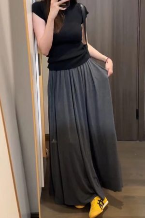 Draped Gray Midi Skirt for Women - Plus Size A-Line Long Skirt, Flattering Summer 2025 Fashion, Perfect for Casual Outings