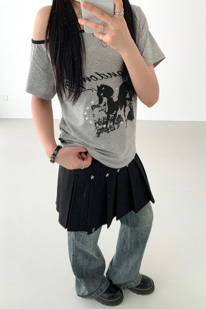 Dream Horse Print Color-Block Asymmetrical One-Shoulder T-Shirt for Women - Summer Loose Casual Short Sleeve Top, Y2K Style