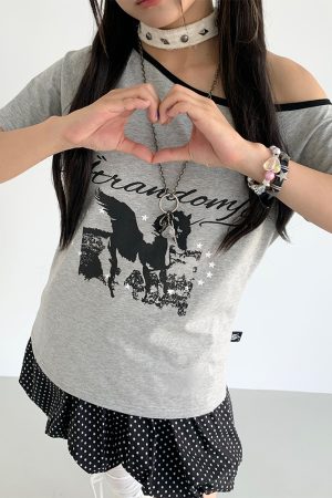 Dream Horse Print Color-Block Asymmetrical One-Shoulder T-Shirt for Women - Summer Loose Casual Short Sleeve Top, Y2K Style