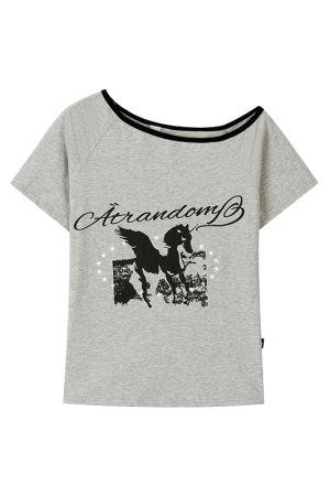 Dream Horse Print Color-Block Asymmetrical One-Shoulder T-Shirt for Women - Summer Loose Casual Short Sleeve Top, Y2K Style