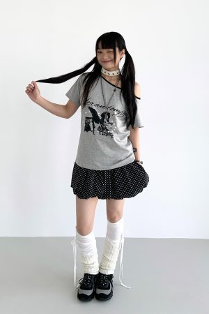 Dream Horse Print Color-Block Asymmetrical One-Shoulder T-Shirt for Women - Summer Loose Casual Short Sleeve Top, Y2K Style