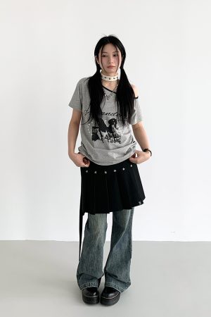 Dream Horse Print Color-Block Asymmetrical One-Shoulder T-Shirt for Women - Summer Loose Casual Short Sleeve Top, Y2K Style