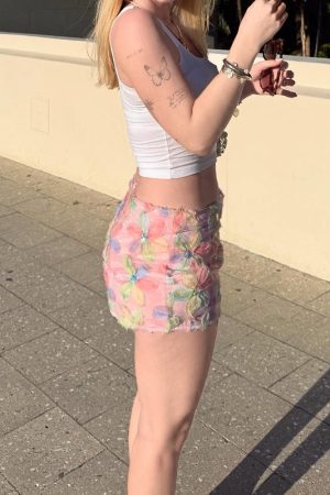 Dreamy Clouds Floral Bodycon Skirt - Ultra-Short, Low-Waist, Brushed Edge, Y2K Style Women's Half Skirt