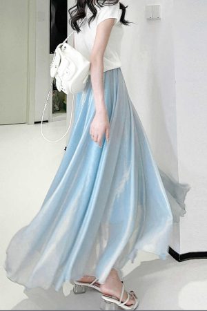Dreamy High-Waisted Soft Smoke Chiffon Maxi Skirt - Light and Hazy Luster, Flowing Eight-Meter Swing Style for Spring and Summer