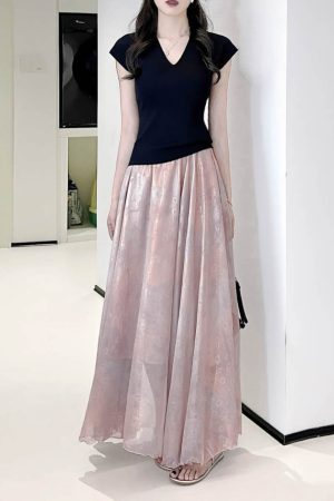 Dreamy High-Waisted Soft Smoke Chiffon Maxi Skirt - Light and Hazy Luster, Flowing Eight-Meter Swing Style for Spring and Summer