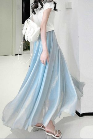 Dreamy High-Waisted Soft Smoke Chiffon Maxi Skirt - Light and Hazy Luster, Flowing Eight-Meter Swing Style for Spring and Summer