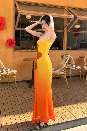 Ecological Gradient Floral Fishtail Dress - Reversible Design, 3D Flower Details, Perfect for Sunset Strolls, Y2K Style