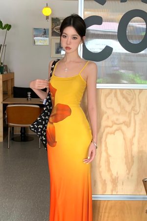 Ecological Gradient Floral Fishtail Dress - Reversible Design, 3D Flower Details, Perfect for Sunset Strolls, Y2K Style