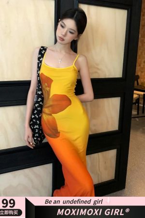 Ecological Gradient Floral Fishtail Dress - Reversible Design, 3D Flower Details, Perfect for Sunset Strolls, Y2K Style