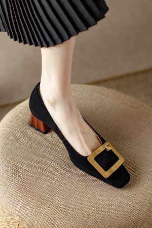 Elegant All-Leather Chunky-Heeled Shallow Mouth Shoes with Metal Square Buckle - Chic Italian Style High Heels