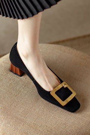 Elegant All-Leather Chunky-Heeled Shallow Mouth Shoes with Metal Square Buckle - Chic Italian Style High Heels