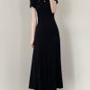 Elegant Black A-Line Long Dress with Half-High Collar, Spliced Ribbed Cotton, Slim Fit, Flattering Design for Spring and Summer