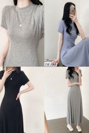 Elegant Black A-Line Long Dress with Half-High Collar, Spliced Ribbed Cotton, Slim Fit, Flattering Design for Spring and Summer