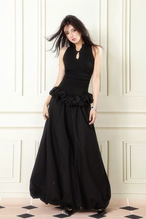 Elegant Black Chinese Style Buttoned Puff Long Skirt - Slimming Hollow-Out Design, Perfect for Formal Ceremonies and Events