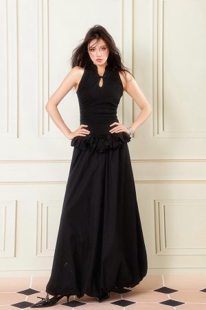 Elegant Black Chinese Style Buttoned Puff Long Skirt - Slimming Hollow-Out Design, Perfect for Formal Ceremonies and Events