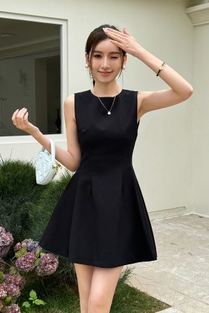 Elegant Black Sleeveless Dress - Light Fabric Hepburn Style Little Black Dress for Summer with Short Waist Skirt