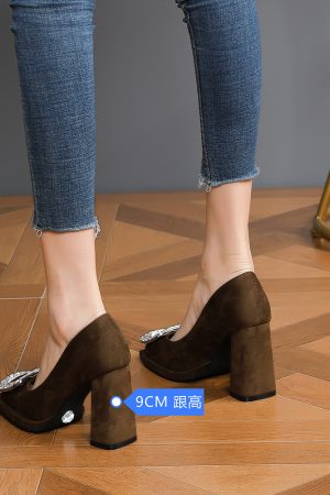 Elegant Black Suede High Heels with Square Buckle and Rhinestone, Versatile Square-Toe Slip-On Party Shoes for Women