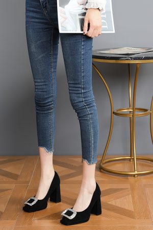 Elegant Black Suede High Heels with Square Buckle and Rhinestone, Versatile Square-Toe Slip-On Party Shoes for Women