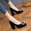 Elegant Black Suede High Heels with Square Buckle and Rhinestone, Versatile Square-Toe Slip-On Party Shoes for Women