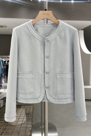 Elegant Blue Cool-Toned Women's Jacket - Small Fragrance Style Short Commuter Top for Spring and Autumn 2025 Fashion
