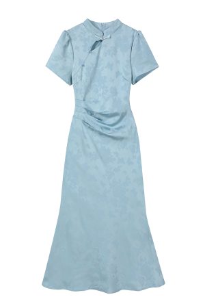 Elegant Blue Qipao Dress for Women - Chinese Style National Wind 2025 Summer Long Dress - Cool & Stylish Temperament Fashion