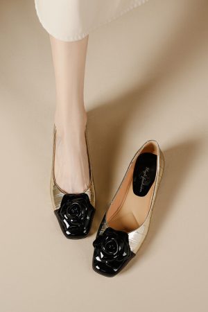 Elegant Camellia Flats for Women - Soft French Square-Toed Slip-On Shoes, Vintage-Inspired Grandma Style, Perfect for Everyday Wear