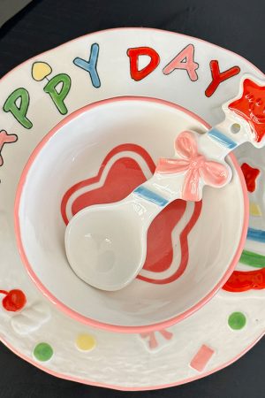Elegant Ceramic Birthday Cake Bowl and Plate Set - High-Temperature Underglaze Tableware for Home Use