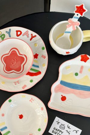 Elegant Ceramic Birthday Cake Bowl and Plate Set - High-Temperature Underglaze Tableware for Home Use