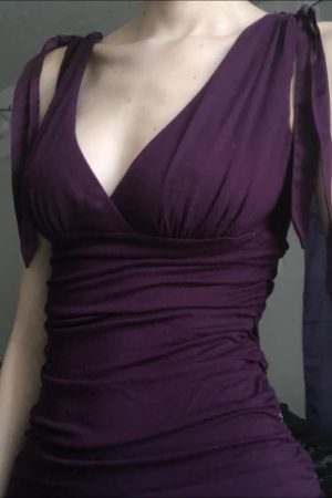 Elegant Charm Purple Low-Cut Pleated Vest for Women - Retro Waist-Defining Bust Tie French Style Top