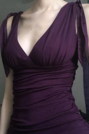 Elegant Charm Purple Low-Cut Pleated Vest for Women - Retro Waist-Defining Bust Tie French Style Top