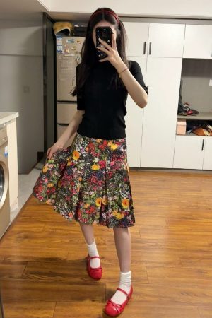 Elegant Floral Print Pleated Midi Skirt Plus Size - American Retro High-End Summer 2025 Women's Fashion