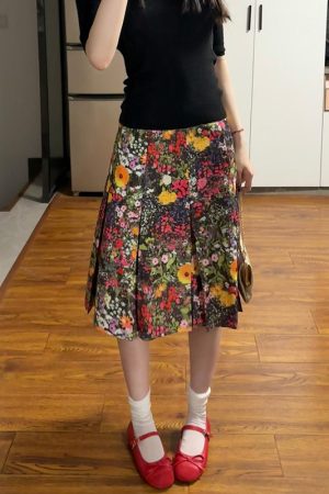 Elegant Floral Print Pleated Midi Skirt Plus Size - American Retro High-End Summer 2025 Women's Fashion