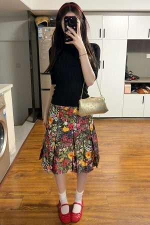 Elegant Floral Print Pleated Midi Skirt Plus Size - American Retro High-End Summer 2025 Women's Fashion