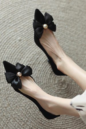 Elegant French-Style High Heels for Women - Pearl Bow, Pointed Toe, Shallow Mouth, Fairy Aesthetic, Chic Evening Footwear
