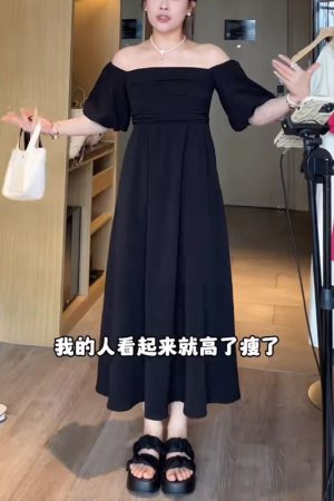 Elegant French-Style One-Shoulder Plus Size Dress for Summer - Flattering for Curvy Figures, Hides Belly, Cinches Waist