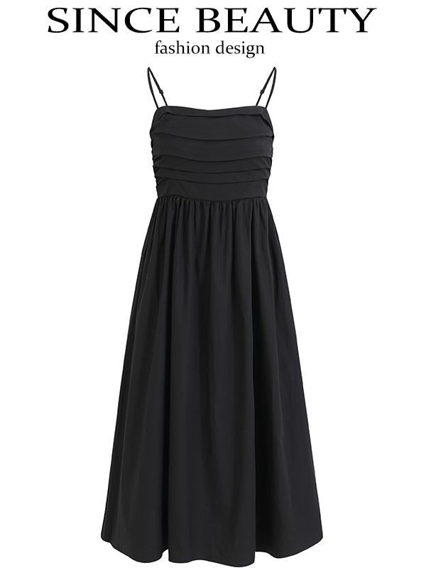 Elegant Goddess Long Black Dress - French Style Vacation Sling Dress for Summer 2025 Women's Fashion Elegant Goddess Long Black Dress - French Style Vacation Sling Dress for Summer 2025 Women's Fashion