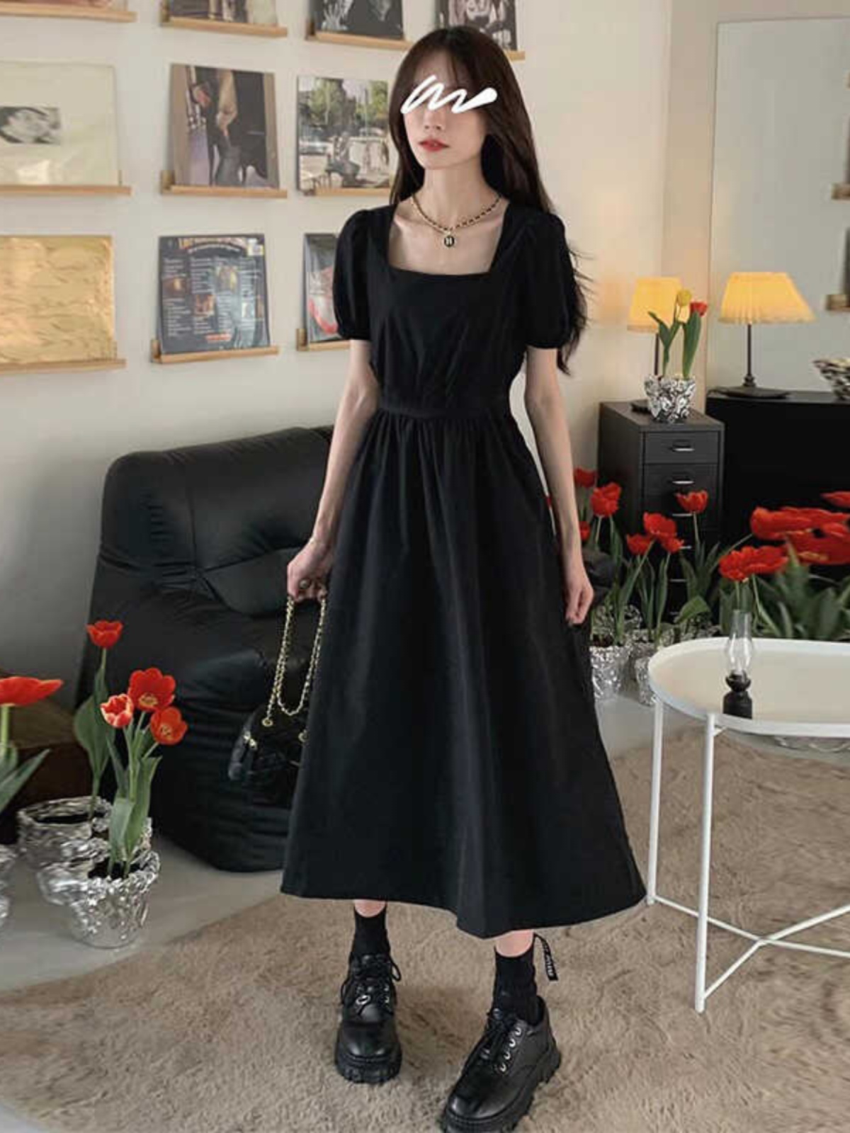 Elegant Hepburn-Style Black Square-Neck Dress for Women, 2025 Summer, High-End Waist-Cinching Mid-Length Fashion Elegant Hepburn-Style Black Square-Neck Dress for Women, 2025 Summer, High-End Waist-Cinching Mid-Length Fashion