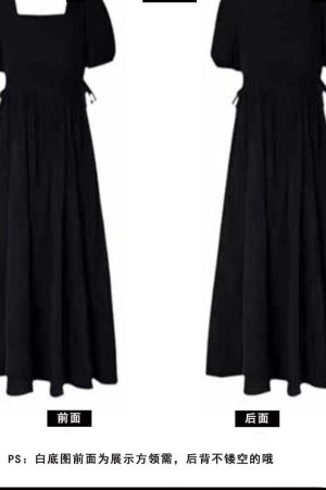 Elegant Hepburn-Style Black Square-Neck Dress for Women, 2025 Summer, High-End Waist-Cinching Mid-Length Fashion