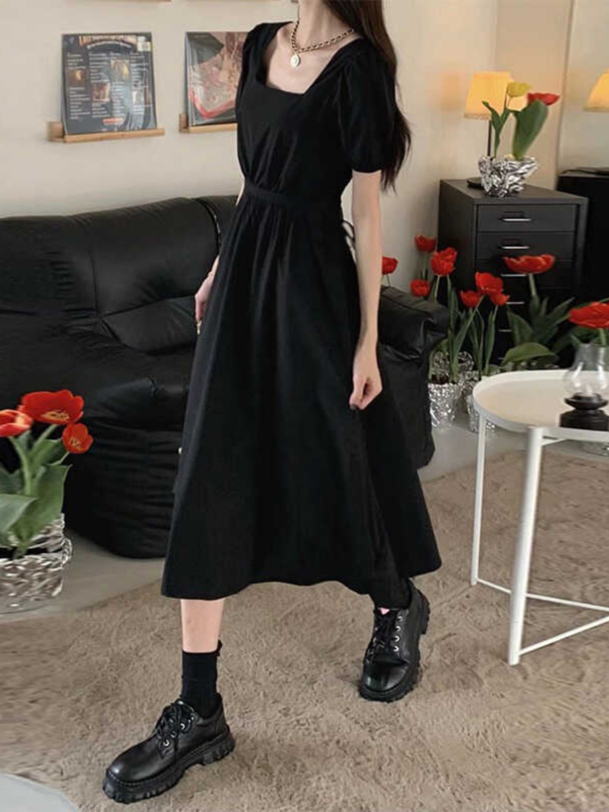 Elegant Hepburn-Style Black Square-Neck Dress for Women, 2025 Summer, High-End Waist-Cinching Mid-Length Fashion Elegant Hepburn-Style Black Square-Neck Dress for Women, 2025 Summer, High-End Waist-Cinching Mid-Length Fashion