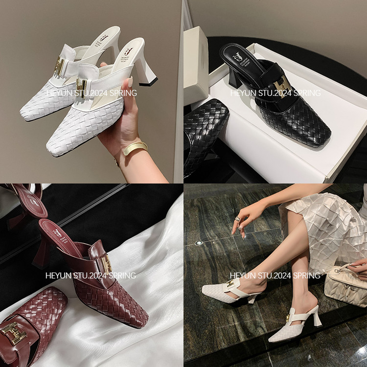 Elegant High-Heeled Open-Toe Sandals for Women - Woven Summer Fashion Half-Slippers, Versatile and Stylish Footwear Elegant High-Heeled Open-Toe Sandals for Women - Woven Summer Fashion Half-Slippers, Versatile and Stylish Footwear