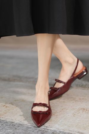 Elegant Literary Genuine Leather Pointed Toe Bow Sandals for Women - Low Chunky Heel - Midnight Opera House Style